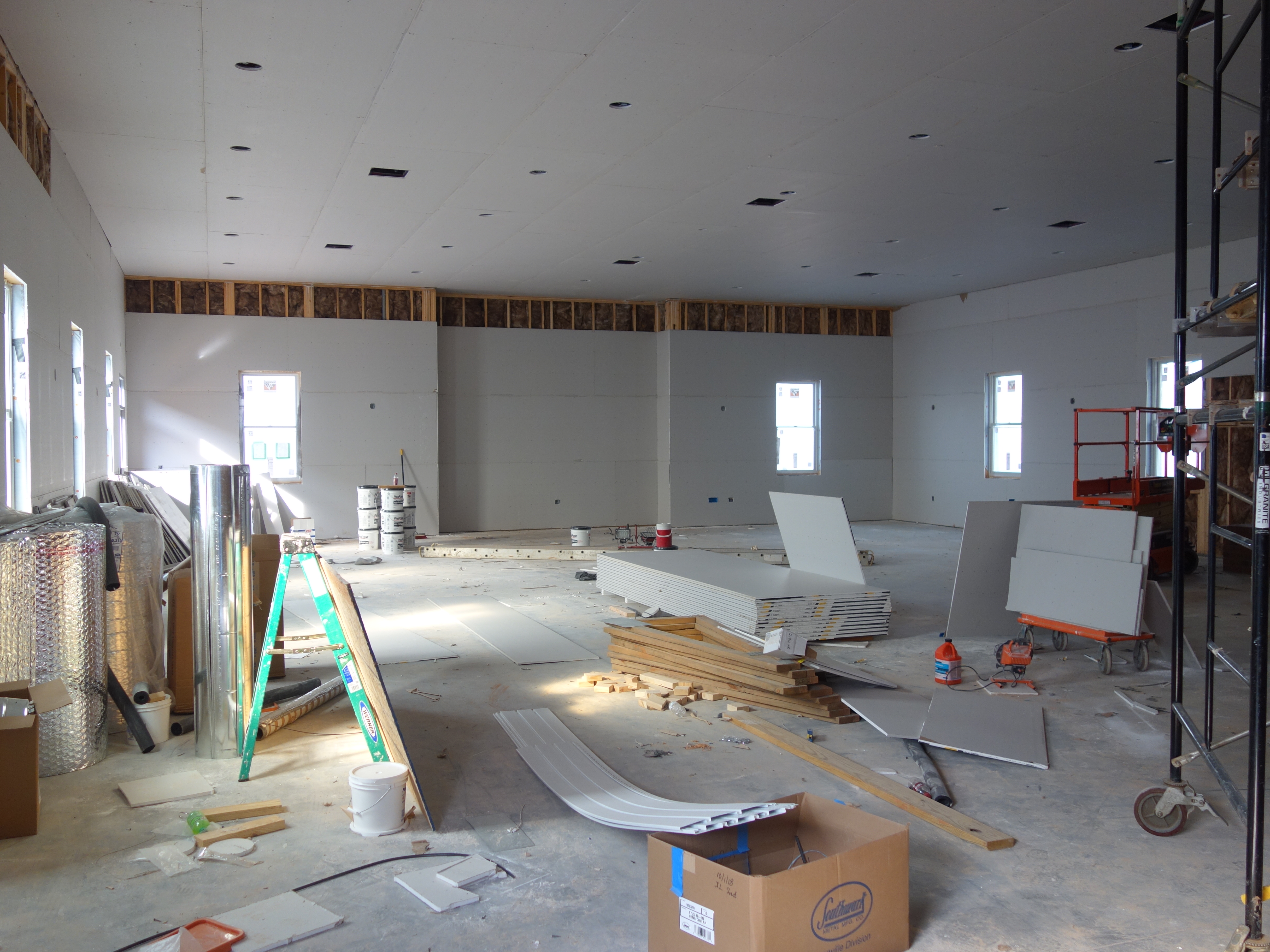 Unfinished interior construction of fellowship hall