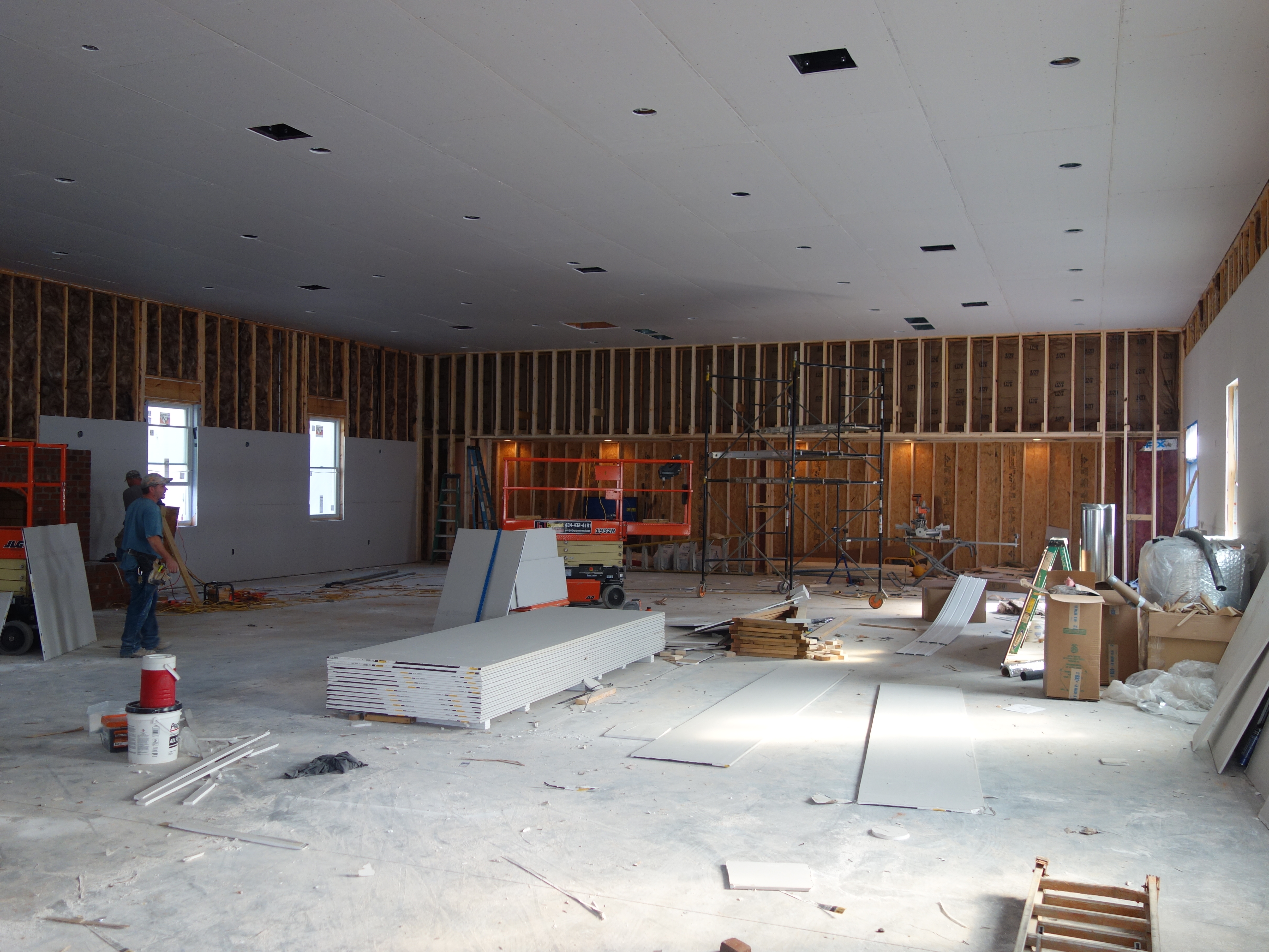 Unfinished construction on the interior of the fellowship hall